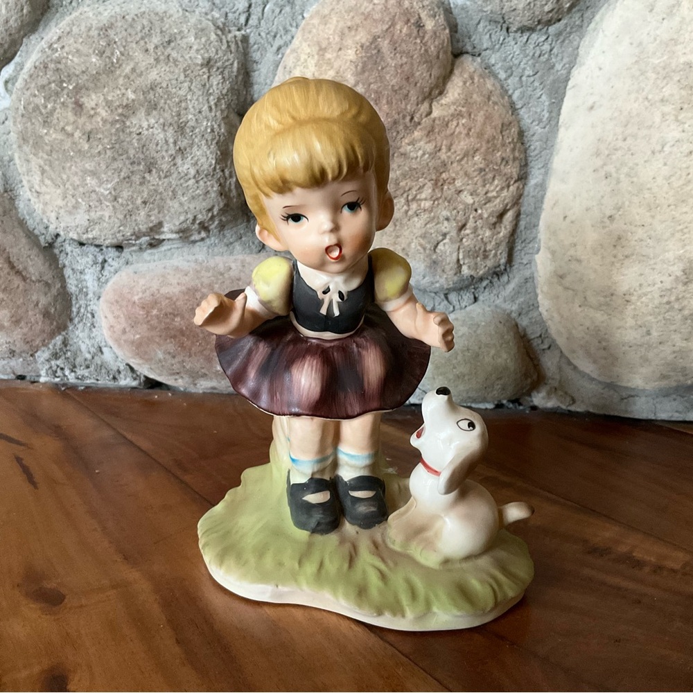 Adorable Vintage Bisque Singing Girl and Dog Figurine